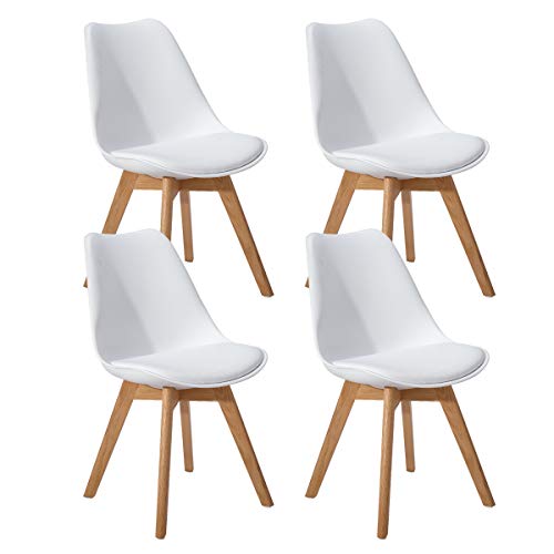 EGGREE Pack de 4 Tulip Sillas de Comedor Sillas Cocina Estilo Nórdico con Las Piernas de Madera de Roble Más Fuerte y Asiento Tapizado - Blanco