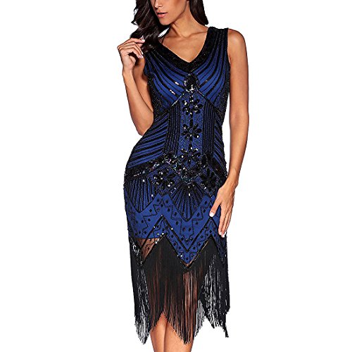 Flapper Vestidos de Mujer de los años 20 con Cuello en V con Cuentas de Flecos Great Gatsby Dress (Azul Real, M)