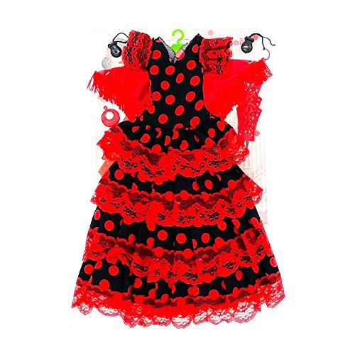 Folk Artesanía Vestido, Pendientes, Percha, peinetas y castañuelas Flamenca Andaluza muñeca Nancy clásica de Famosa (Negro Lunar Rojo)