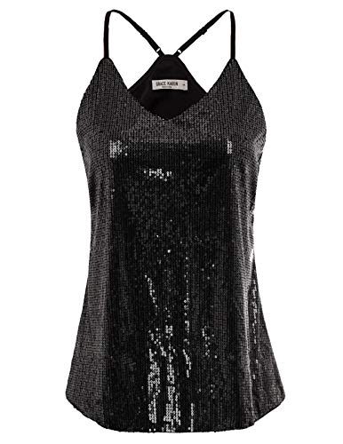 GRACE KARIN Camiseta de Tirantes para Mujer de Lentajuelas Top Brillante para Fiesta Negro XL