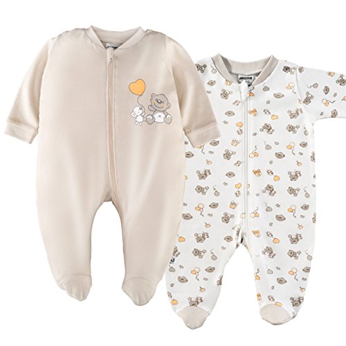 Jacky - Pijamas para bebé de manga larga con pies - 2 Ud. - 100% algodón / Certificado Oeko-Tex Standard 100 / Unisex / Color: beige / blanco con ositos