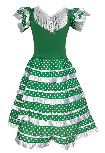 La Senorita Vestido Flamenco Español Traje de Flamenca Chica/niños Verde Blanco (Talla 10, 128-134 - 85 cm, 7/8 años, Verde)