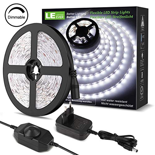 LE LED Luces de Tiras Regulables, 5M 1200lm, Blanco Frío 6000K, 300 LEDs, Enchufe en la tira de luz para gabinete, armario y más, Incluido Fuente de alimentación de 12V y regulador de intensidad LE LED Luces de Tiras Regulables, 5M 1200lm, Blanco Frío 6000K, 300 LEDs, Enchufe en la tira de luz para gabinete, armario y más, Incluido Fuente de alimentación de 12V y regulador de intensidad