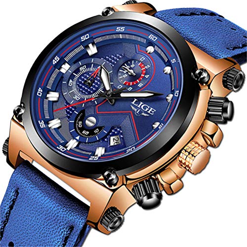LIGE Hombre Relojes Moda Impermeable Relojes Clásico Negocios Analogicos Cuarzo Relojes con Ocio Azul Correa de Cuero Relojes