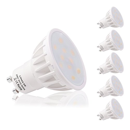 LOHAS® 5 x 6W GU10 Bombilla LED, Lámparas Halógenas Equivalentes a 50W, Blanco Calído, 3000K, 500lm, Angulo de haz de 120°, 110-240V, No regulable LOHAS® 5 x 6W GU10 Bombilla LED, Lámparas Halógenas Equivalentes a 50W, Blanco Calído, 3000K, 500lm, Angulo de haz de 120°, 110-240V, No regulable