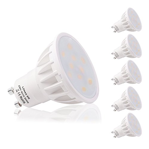 LOHAS® 5 x 6W GU10 Bombilla LED, Lámparas Halógenas Equivalentes a 50W, Blanco Calído, 3000K, 500lm, Angulo de haz de 120°, 110-240V, No regulable