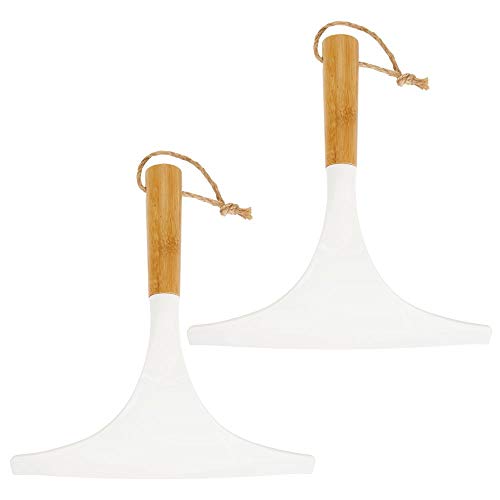mDesign Juego de 2 limpiadores de cristales para baño – Práctico accesorio para limpiar mamparas de ducha o ventanas – Limpiavidrios de bambú con cordel para colgar – blanco/natural