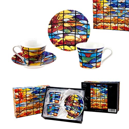 Museo Art Nouveau y Art Déco - Casa Lis - Juego de 2 Tazas y Platos de Café y Té, Porcelana Policromada, Diseño Vidriera Multicolor