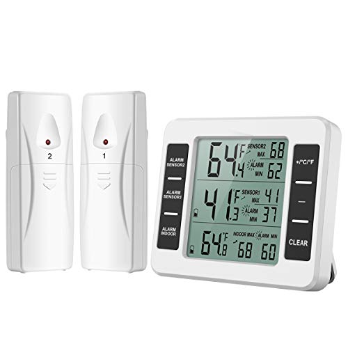 ORIA Termómetro Digital del Refrigerador, Termómetro Inalámbrico para Nevera con 2 Sensores, Termometro Congelador para Interior y Exterior con Pantalla LCD y Audible de la Alarma, Registro Max/Min ORIA Termómetro Digital del Refrigerador, Termómetro Inalámbrico para Nevera con 2 Sensores, Termometro Congelador para Interior y Exterior con Pantalla LCD y Audible de la Alarma, Registro Max/Min