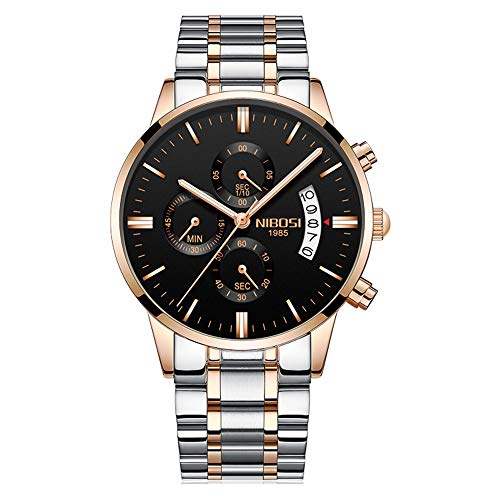 Relojes Hombre Cronógrafo Reloj de Pulsera Calendario con Correa de Acero Inoxidable Elegante, Oro Rosa-Plateado