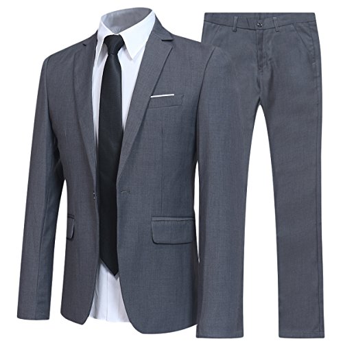 Traje de 2 piezas para hombre compuesto por chaqueta y pantalones, ajuste estrecho, para boda, cena,negocios, casual, disponible en 10 colores Gris gris XL