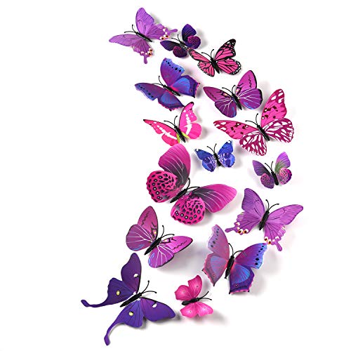 TUPARKA 36 Piezas Mariposa 3D Pegatinas de pared Mariposas de pared Accesorios para el dormitorio para niñas, Púrpura