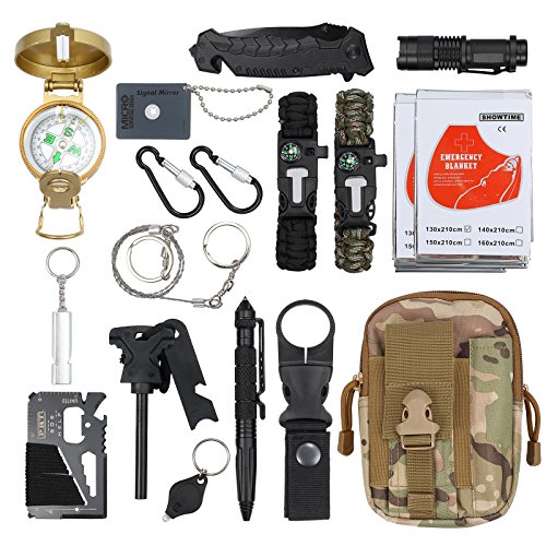 18 en 1 Kit de Supervivencia Bolsa Molle de Supervivencia Bolsa de Herramientas Multifuncional con Manta de Emergencia Equipo de Supervivencia de Emergencia para Viajar Caminar Acampar al Aire