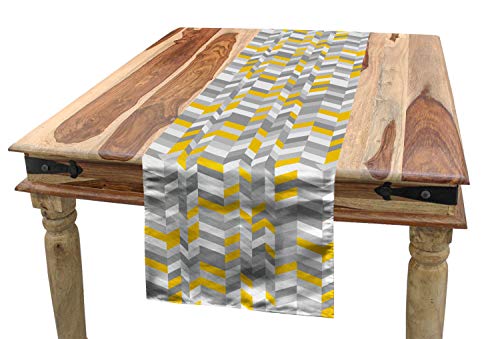 ABAKUHAUS Gris y Amarillo Camino de Mesa, Patrón Hogar Años 60 Geométrico Vintage Espiguilla Líneas en Zig Zag, Decorativo para el Comedor o Sala de Estar Estampa Digital, 40 x 180 cm, Gris