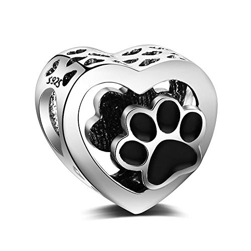 Abalorio de plata de ley 925, con corazón y huellas de patas de animal, compatible con pulseras y collares Pandora y todos los brazaletes europeos