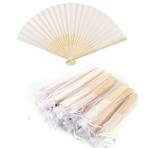 Abanico de tela Abanico Decoración plegable Bambú Ventilador Banquete de boda Regalo del favor del partido con el bolso del organza (Blanco, 10 piezas)