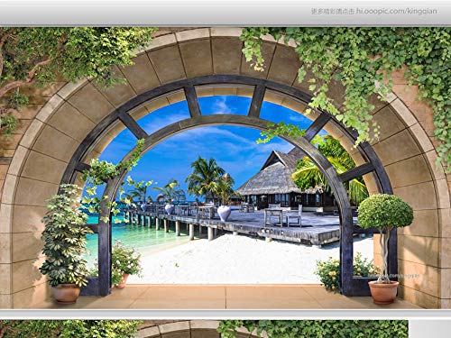 Aduana Cualquier Tamaño Arcos Casa de madera Playa Vista al mar Paisaje 3D Wall Home Decor Art Wallpaper Mural