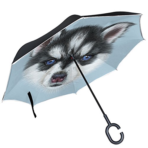 ALAZA Husky Ojos azules de perro puede paraguas paraguas de doble capa resistente al viento Reverse