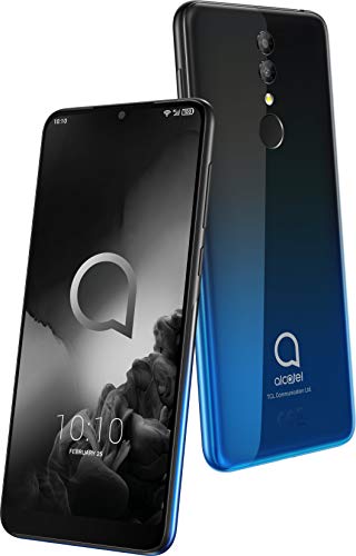 Alcatel 3 (2019) smartphone (pantalla 5,94", 4GB RAM, 64GB memoria interna, Dual SIM, doble cámara frontal 13 Mpx + 5 Mpx, cámara selfie 8 Mpx, batería 3.500 mAh, Android), Negro y Azul.