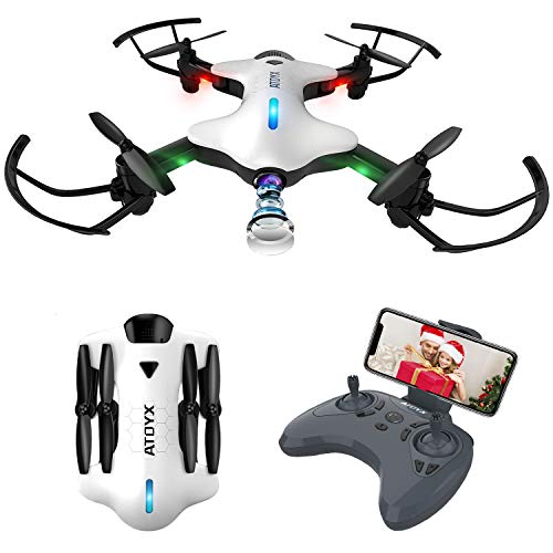 ATOYX Drone Plegable, Drone con Cámara para Principiantes y Niños, 720P con Control Remoto WiFi FPV en Tiempo Real, Una Tecla de Despegue/Aterrizaje, Gravedad Sensor, AT-146