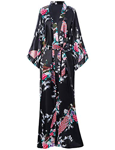 BABEYOND Kimono de Seda Vestido de Satén Kimono Pavo Real Novia Pijamas de Seda Bata de Satén (Negro) BABEYOND Kimono de Seda Vestido de Satén Kimono Pavo Real Novia Pijamas de Seda Bata de Satén (Negro)
