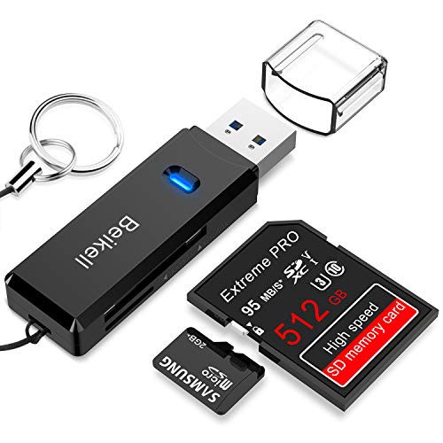 Beikell Lector de Tarjetas USB 3.0 de Memoria SD/Micro SD de Alta Velocidad con Llavero Portátil para TF, SDXC, SDHC, MS, MMC, MSXC, Compatible con Windows y Mac OS