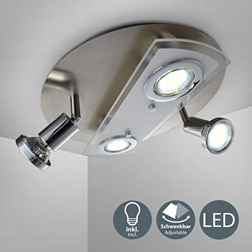 B.K.Licht - Lámpara plafón LED de forma redonda con 4 focos GU10, 2 exteriores giratorios y 2 centrales adecuada para todo tipo de habitaciones, 3W y 250 lúmenes, 3000K, color níquel mate