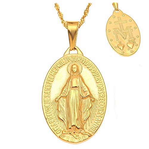 BOBIJOO JEWELRY - Colgante Medalla De La Virgen Milagrosa De Acero Dorado Chapado En Oro De La Cadena De Singapur