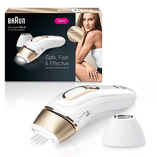 Braun Silk  Expert Pro 5 PL5137 Depiladora Luz Pulsada IPL, Última Generación, Depilación Permanente, Cabezal Precisión, Cara Y Cuerpo, Blanco/Dorado