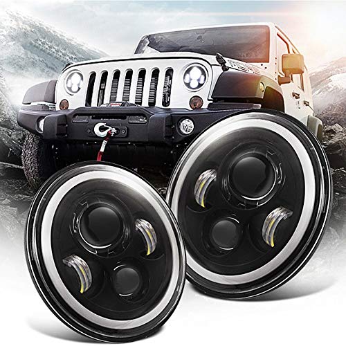 Chanhan 2 x 7" Faros Delanteros LED, Faro Coche Land Rover Defender, 12V Luces Bombilla LED Coche, Lampara de Coches,Ojo de ángel,DRL luces de giro,Jeep Wrangler Land Rover,con H4 H13 Cable Adaptador