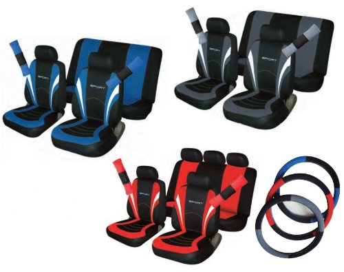 Citroen C1 C2 C3 Sports Pack fundas de asiento de coche, cubierta de volante, cinturón de asiento almohadillas, color negro y gris