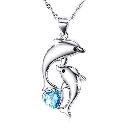 Collares Mujer Joyería Mujer Plata de Ley Colgante con forma de delfín y corazón azul, cadena de 45 cm, para mujer