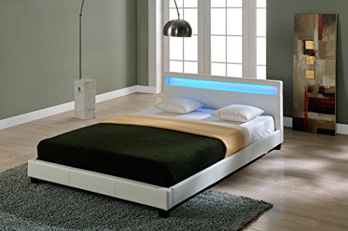 Corium® Cama elegante tapizada en piel sintética - con sistema de iluminación LED - 140x200cm (blanco) Corium® Cama elegante tapizada en piel sintética - con sistema de iluminación LED - 140x200cm (blanco)