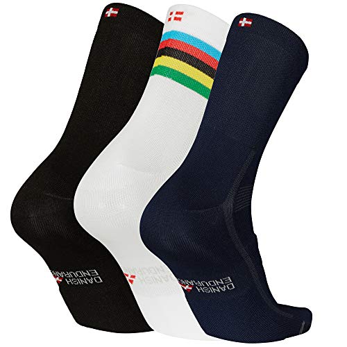 DANISH ENDURANCE Calcetines de Ciclismo para Hombres y Mujeres, Paquete de 3 Calcetines de Bicicleta Transpirables hasta el Tobillo (1 x Rayas, 1 x Negro, 1 x Azul), EU 39-42 DANISH ENDURANCE Calcetines de Ciclismo para Hombres y Mujeres, Paquete de 3 Calcetines de Bicicleta Transpirables hasta el Tobillo (1 x Rayas, 1 x Negro, 1 x Azul), EU 39-42