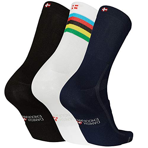 DANISH ENDURANCE Calcetines de Ciclismo para Hombres y Mujeres, Paquete de 3 Calcetines de Bicicleta Transpirables hasta el Tobillo (1 x Rayas, 1 x Negro, 1 x Azul), EU 39-42