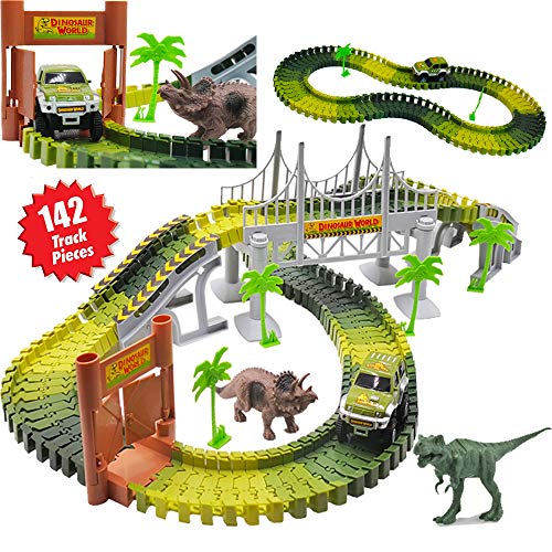 deAO Circuito de Coches en el Parque Jurásico Mundo de Dinosaurios Conjunto Incluye Vías Flexibles, Vehículo, Dinosaurios y Accesorios