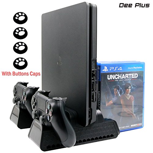 Dee Plus PS4 / PS4 Slim / PS4 Pro Soporte vertical, con 3 refrigeradores integrados Dual Controllers Estación de carga para PS4 / PS4 Slim / PS4 Pro, con 12 PCS Discos Almacenamiento PS4 Vertical Stand con Stick Grips Cap Cover