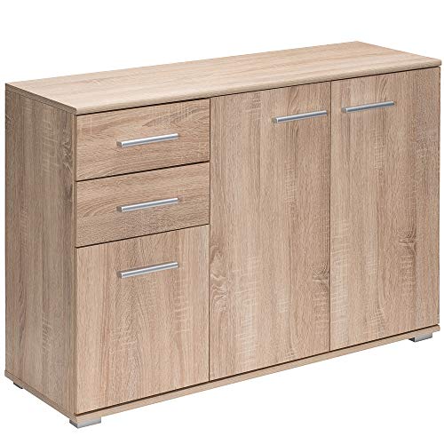 Deuba Aparador Alba Roble con 3 Puertas y Dos cajones cómoda de Madera salón Dormitorio Cocina alamacenaje 107x75x35 cm