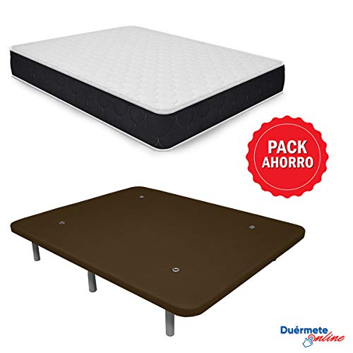 Duérmete Online Pack Ahorro Colchón Viscoelástico Pocket Visco + Base Tapizada 3D Reforzada 5 Barras de Refuerzo y Válvulas de Ventilación con 6 Patas, Chocolate, 135x190