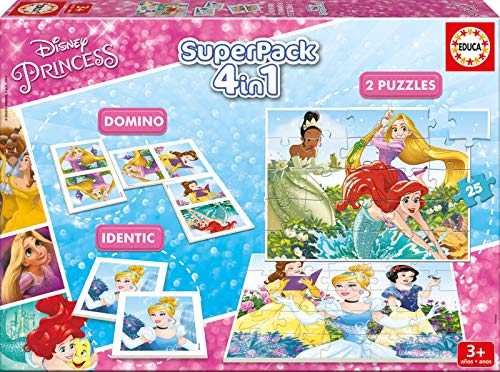 Educa - Superpack juegos Princesas Disney, contiene 2 puzzles, 1 juego de memoria y 1 domino, a partir de 3 años (17198)