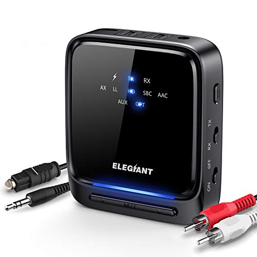 ELEGIANT Transmisor Bluetooth 5.0, Receptor Inalámbrico 2 en 1 Audio HD de Baja Latencia con Toslink Óptico/SPDIF para TV Altavoz Estéreo Portátil Auriculares Cascos