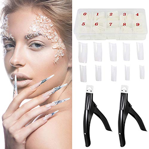 EMAGEREN 500pcs Uñas Falsas, Puntas de Uñas Postizas, Blanco Natural, con 2 Unidad de Cortadores para Uñas Postizas, Uñas Artificiales Francesa, Juego de herramienta de Nail Art, Medio Pegar