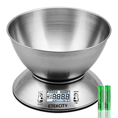 Etekcity EK4150 Báscula Digital para Cocina con Tazón Removible , 11 lbs / 5 kg, Acero Inoxidable, con Bol de Mezcla, Retroiluminación Blanca, Alarma y Sensor de Temperatura, Gris