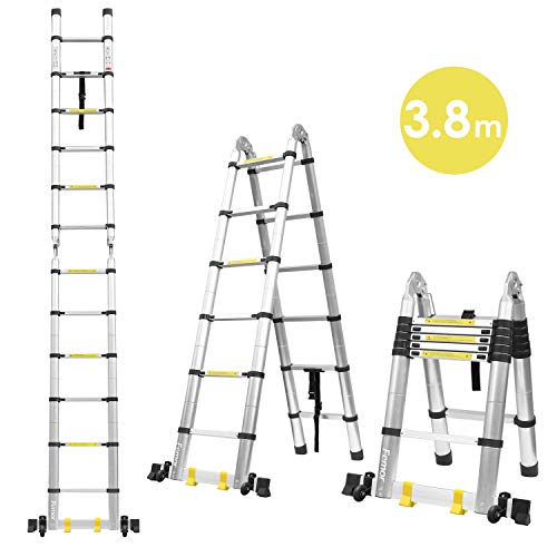 Fixkit 3.8M Escalera Plegable Aluminio, Escalera Telescópica(1,9M+1,9M), Escalera Alta Multifuncional Portátil para Loft,12 Escalones Antideslizantes y Ruedas en Parte Inferior, 150kg