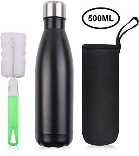 flintronic Botella Termica, 500ML Botella de Agua de Acero Inoxidable, Aislamiento de Vacío de Doble Pared, Botellas de Frío/Caliente Sin BPA & Eco Friendly, con 1 Portavasos y 1 Cepillo