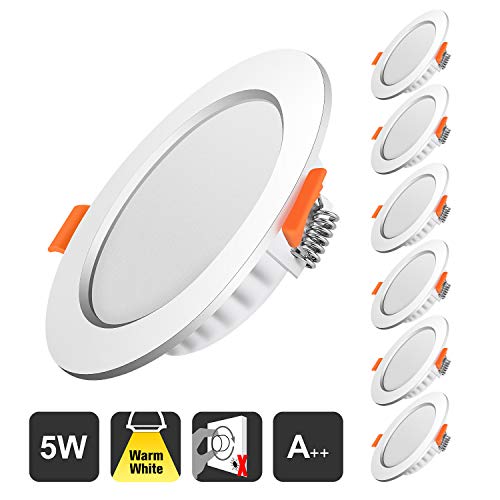 Foco empotrable led techo,Iluminacion 5W( equivalente 50W) downlight redondo extraplano, 2700K(luz cálido),500 lumens,blanco super slim,Ojos de buey de led 6 pack