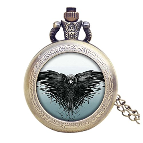 Game of Thrones - Reloj de bolsillo de cuarzo para hombre, diseño de cuervo de cuervo de 3 ojos, con cadena de 80 cm