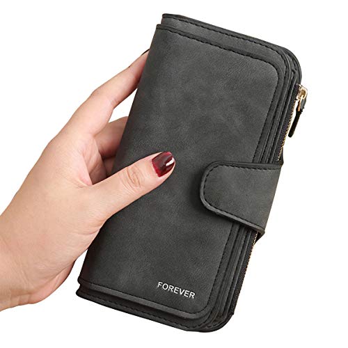 Gran Capacidad Cartera de Cuero de Mujer, Bloqueo RFID Monedero de Piel para Señora, Larga Billetera de Mujer con Bolsillo de Cremallera y Correas de Muñeca (Negro)