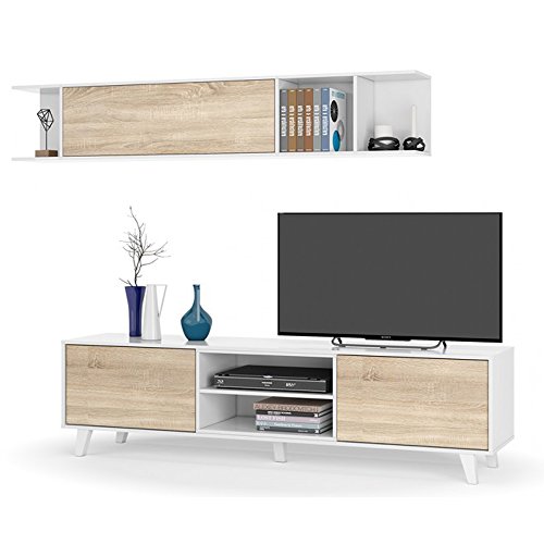 Habitdesign 0F6634BO - Mueble de salón Comedor, módulo TV + Estante, Color Blanco Brillo y Roble Canadian, Medidas: 180x54x41 cm de Fondo Habitdesign 0F6634BO - Mueble de salón Comedor, módulo TV + Estante, Color Blanco Brillo y Roble Canadian, Medidas: 180x54x41 cm de Fondo