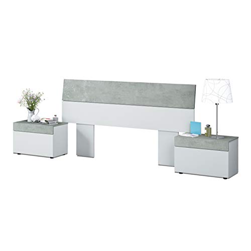 Habitdesign 0L6096A - Cabezal y mesitas, Blanco Artik y Gris Cemento, Medidas: 176 cm (Largo) x 96,5 cm (Alto)